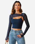 Dark mesh long-sleeve crop top set with ribbed cami and crisscross neckline