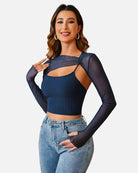 Dark mesh long-sleeve crop top set with ribbed cami and shoulder cutout