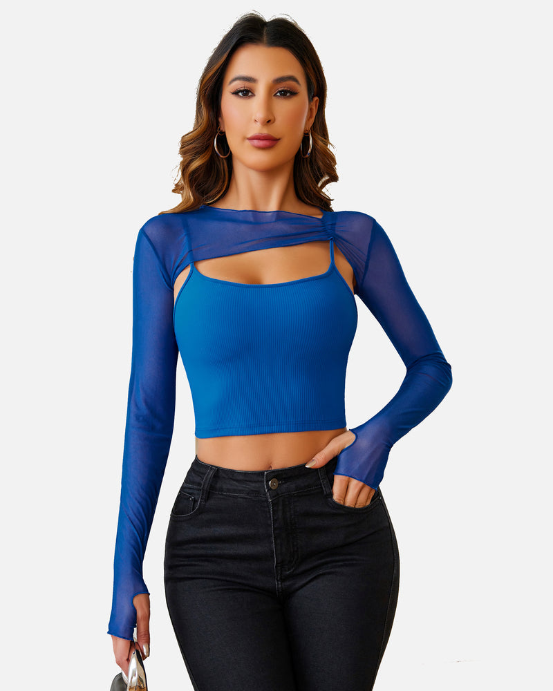 Blue mesh long-sleeve crop top set with ribbed cami and front cutout
