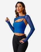 Blue ribbed cami with cutout and matching sheer mesh long-sleeve top