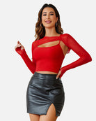Red long-sleeve mesh crop top with cutout neckline and matching cami