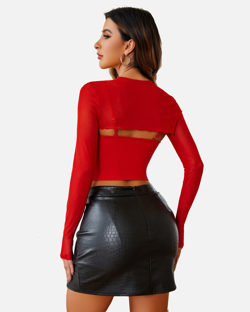 Red long-sleeve mesh crop top with open back and matching cami