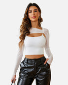 White sheer mesh long-sleeve crop top with cutout neckline and cami