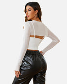White sheer mesh long-sleeve crop top with back cutout and cami set