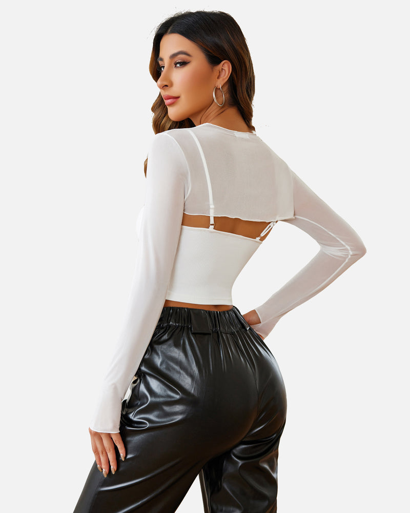 White sheer mesh long-sleeve crop top with back cutout and cami set