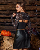 Black mesh crop top set with sheer long sleeves and open back cutout