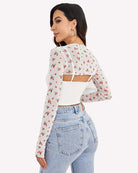 Mesh crop top set in white with long-sleeve floral sheer back cutout