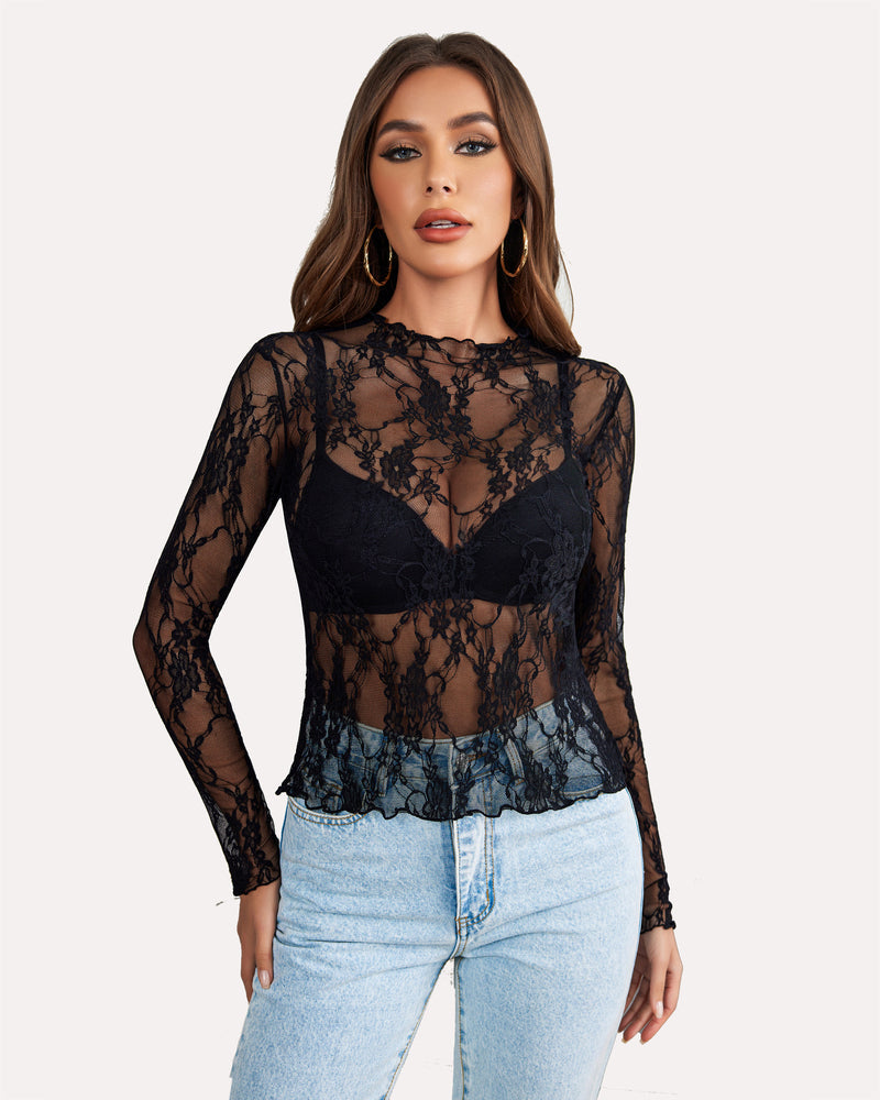 Black sheer lace long-sleeve peplum blouse with floral lace overlay and round neckline