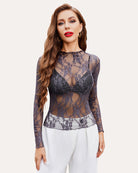 Dark blue sheer floral lace blouse with long sleeves and scalloped hem