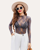 Dark blue sheer floral lace blouse with long sleeves and high neckline