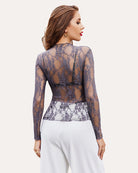Dark blue sheer floral lace blouse with long sleeves, back view, peplum hem