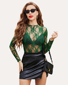 Green sheer floral lace blouse with long sleeves and V-shaped neckline