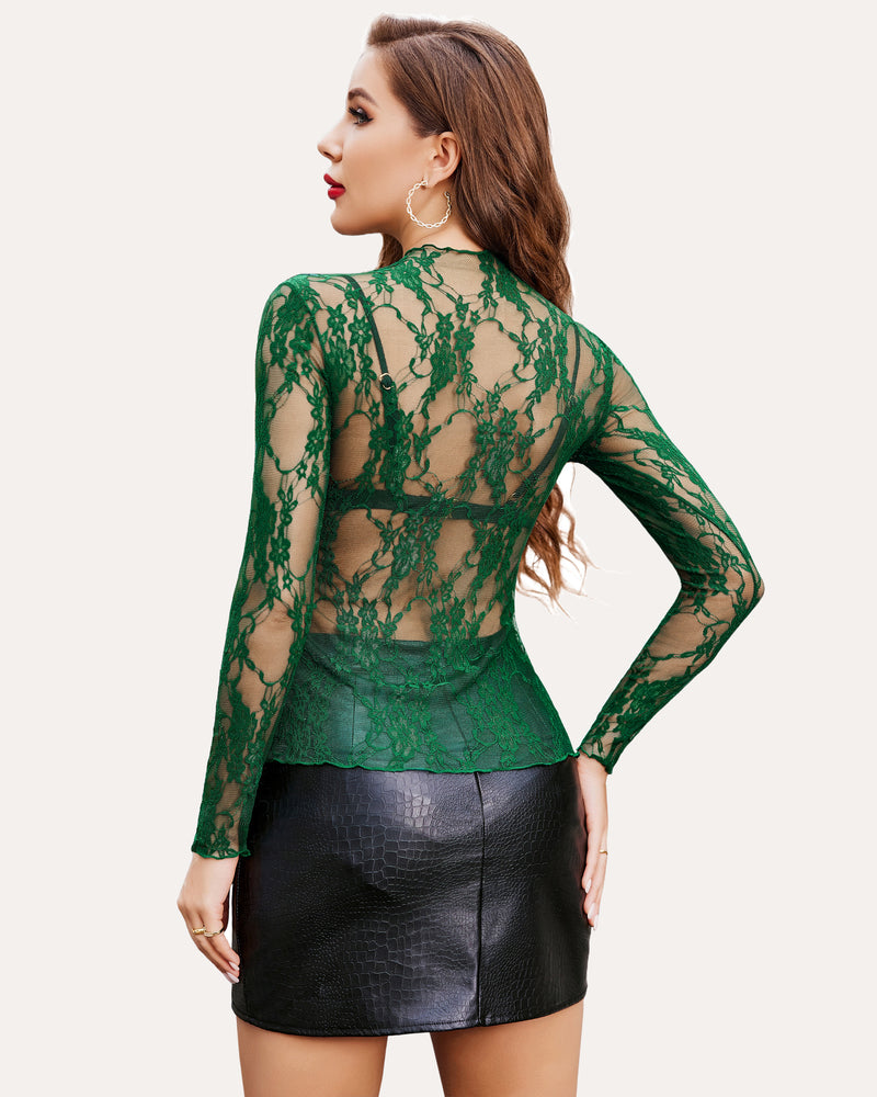 Green sheer floral lace blouse with long sleeves, back view, peplum hem