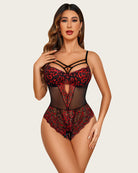 Floral lace harness bodysuit in black with red lace panels and crisscross chest straps