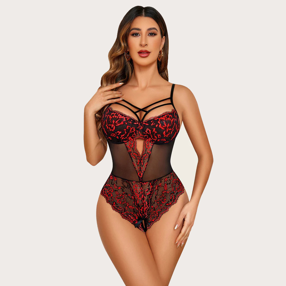 Floral lace harness bodysuit in black with red floral lace and crisscross chest straps