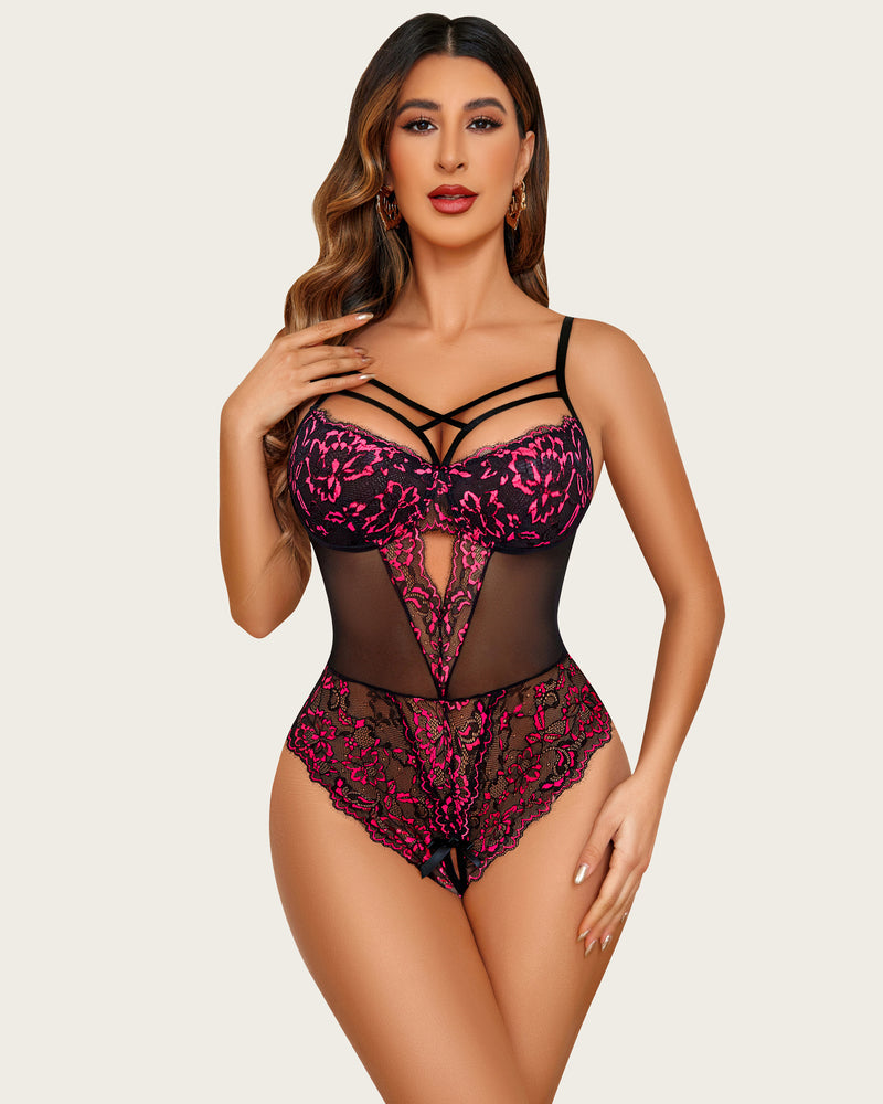 Burgundy lace one-piece bodysuit with crisscross straps and sheer black panels