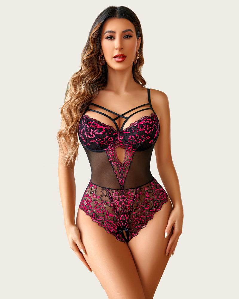 Burgundy lace one-piece bodysuit with crisscross straps and sheer black mesh
