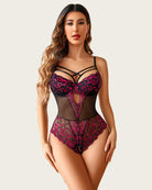 Burgundy lace one-piece bodysuit with crisscross straps and sheer black mesh