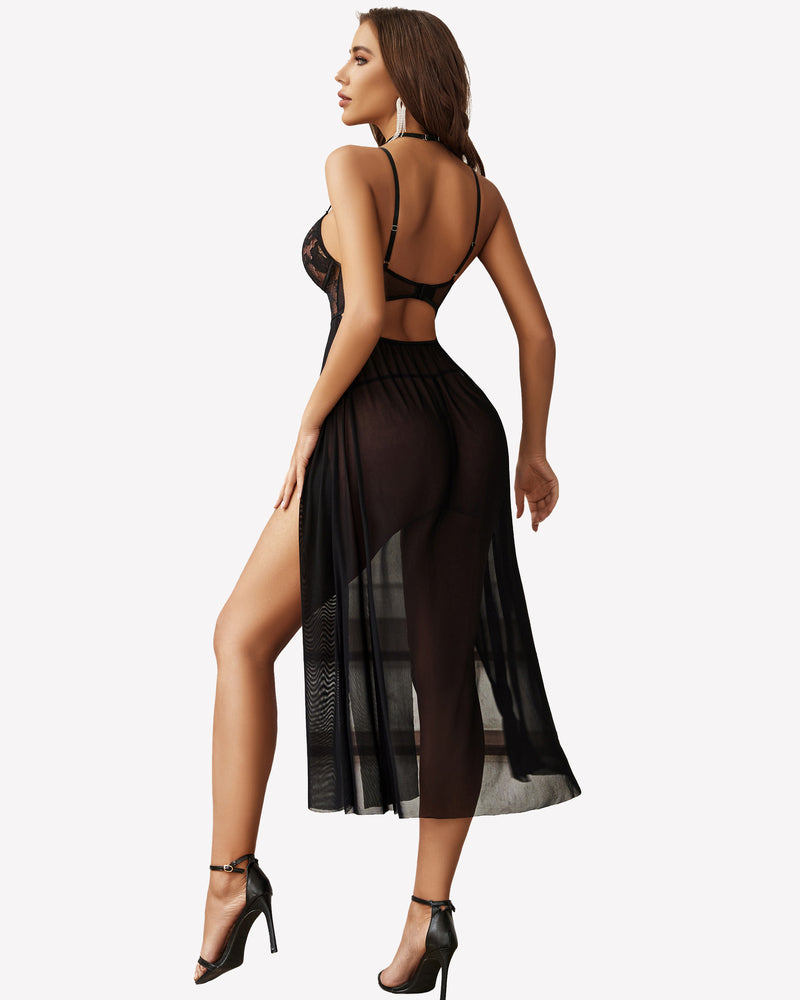 Black lace mesh side-split nightgown with lace racerback bodice and sheer skirt