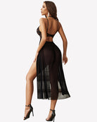 Black lace mesh side-split nightgown with lace racerback bodice and sheer skirt