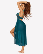 Blue-green lace mesh side-split nightgown with lace back and sheer mid-length skirt