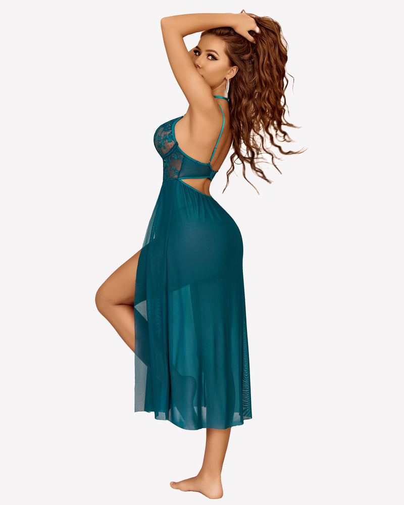 Blue-green lace mesh side-split nightgown with lace back and sheer mid-length skirt