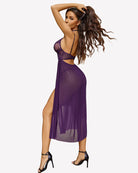 Violet lace mesh side-split nightgown with lace triangle cups and halter straps