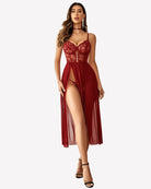 Wine red lace mesh nightgown with side split and scalloped lace trim