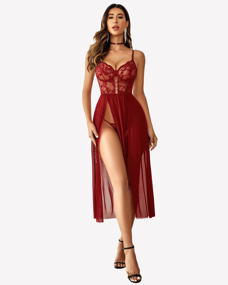 Wine red lace mesh nightgown with side split and scalloped lace trim