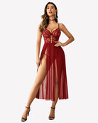 Wine red lace mesh side-split nightgown with embroidered bust and sheer skirt