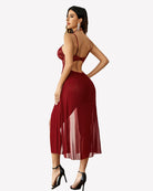 Wine red lace mesh side-split nightgown with open-back lace bodice