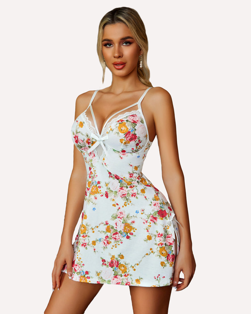 White floral lace modal babydoll chemise with lace-trim sweetheart cups and side tie hem