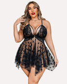 Black lace plus size nightdress with deep plunge neckline and heart-pattern mesh skirt