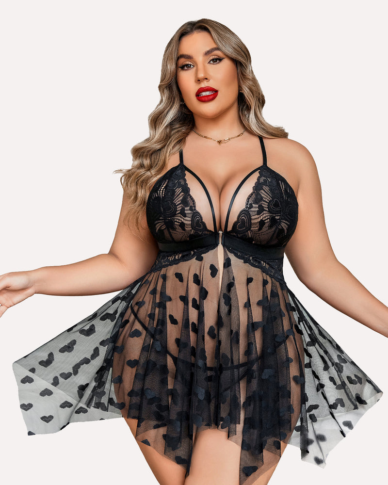 Black lace plus size babydoll nightdress with deep V lace cups and heart-pattern tulle