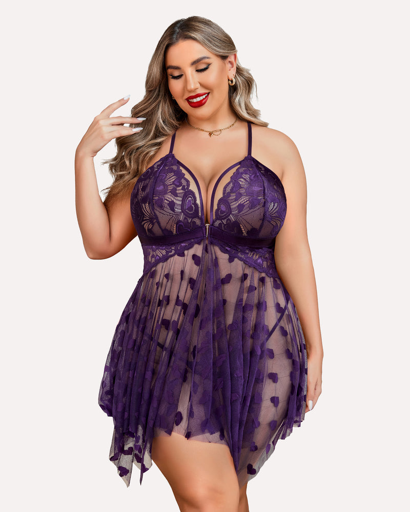 Purple lace plus size nightdress with deep plunge neckline and heart-pattern mesh skirt