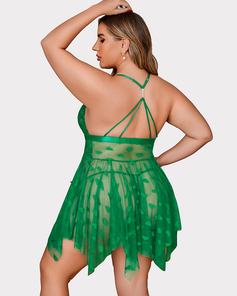 Jade green lace-trim babydoll nightdress with open-back straps and heart sheer skirt