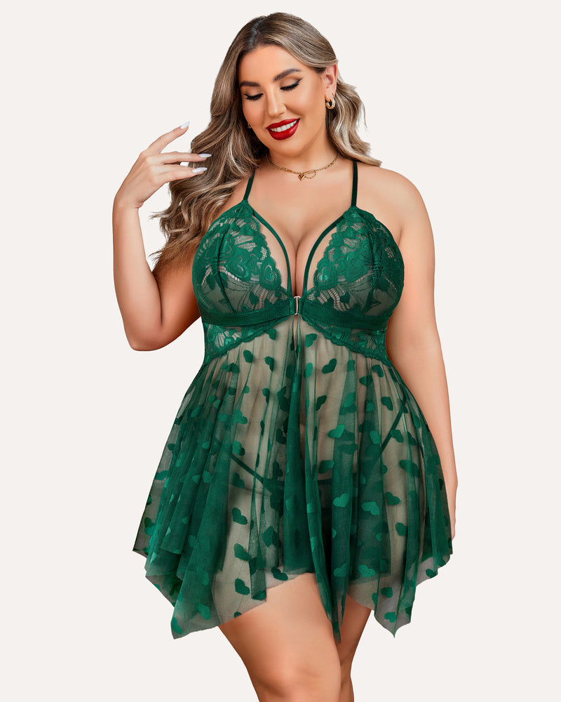 Green lace plus size nightdress with deep V lace cups and heart-pattern mesh skirt