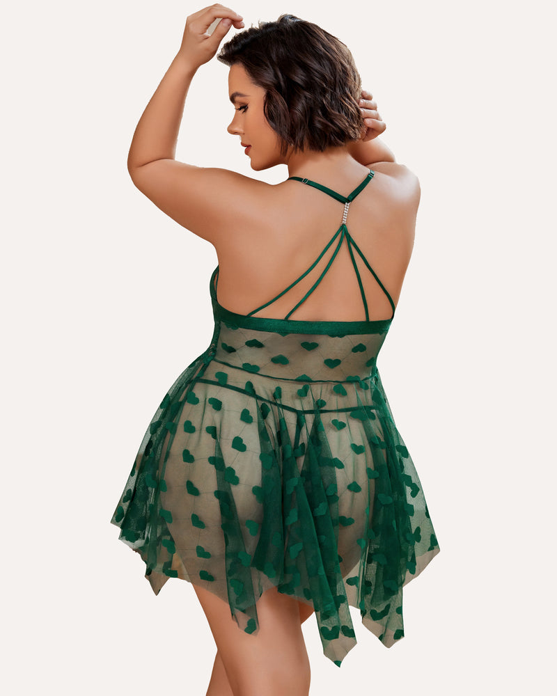 Green lace plus size nightdress with open-back tie straps and heart-pattern mesh hem