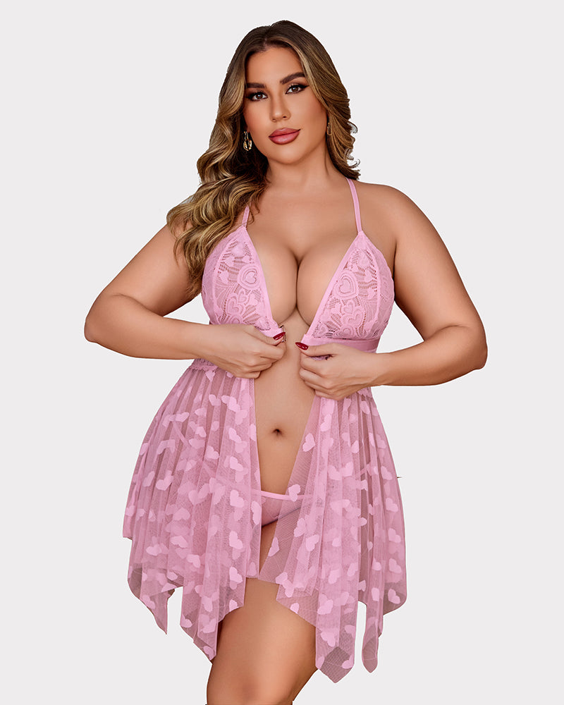 Light purple lace-trim babydoll nightdress with heart sheer skirt and V neckline
