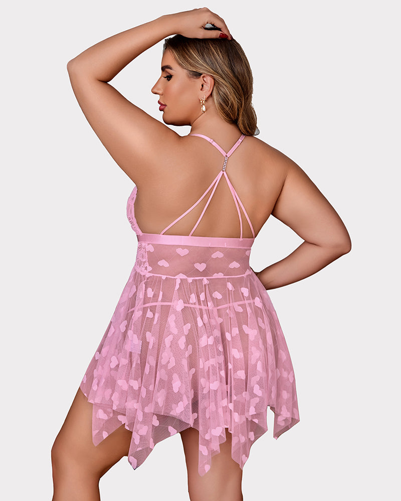 Light purple sheer babydoll nightdress with crisscross back straps and heart skirt