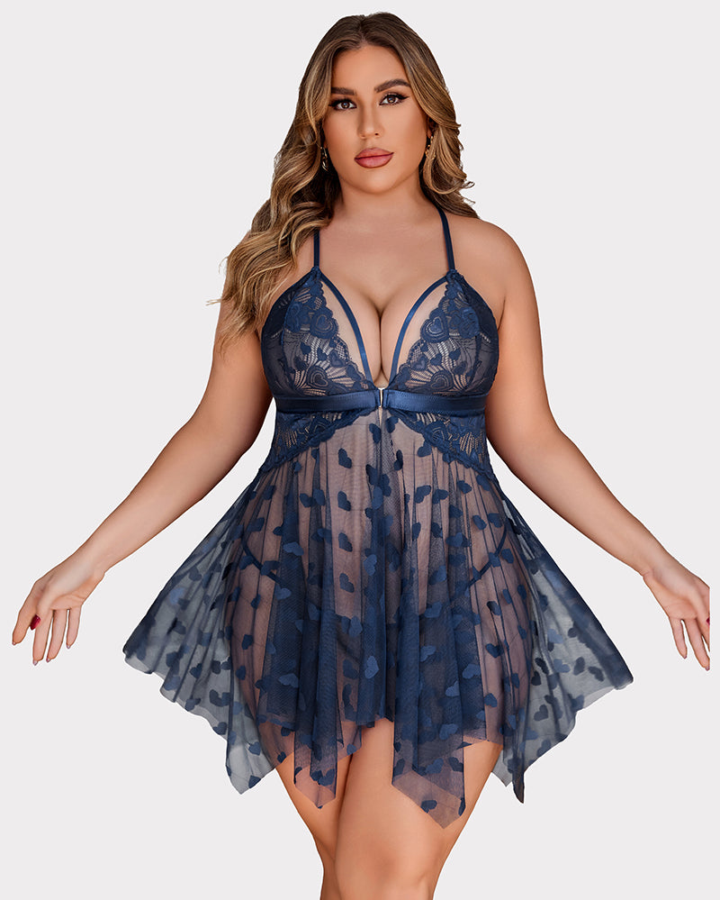 Navy blue lace triangle babydoll nightdress with heart print sheer flared skirt
