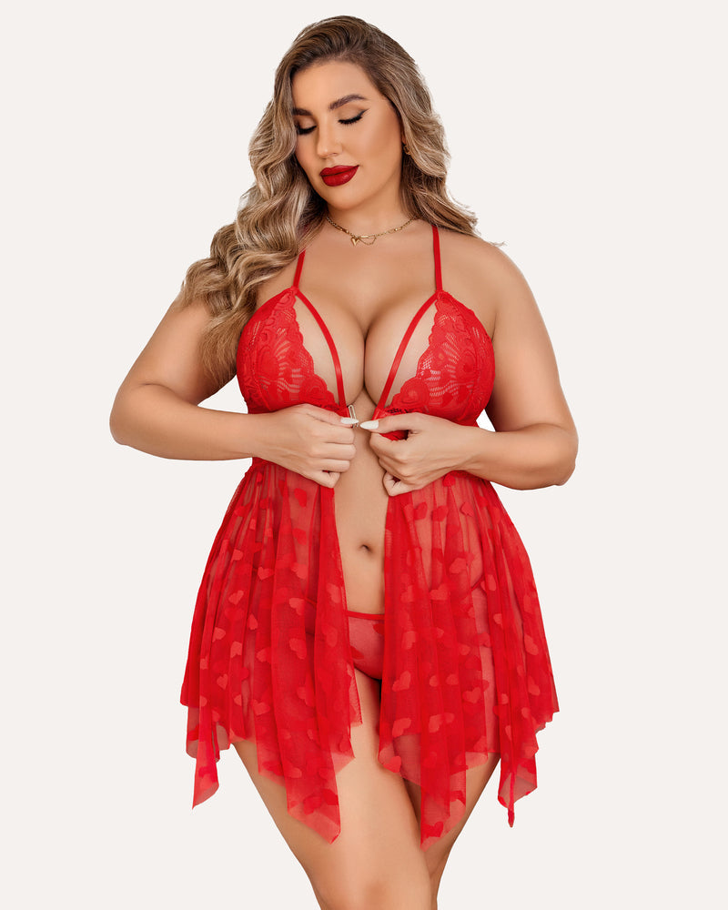 Plus size lace nightdress with heart-print mesh babydoll skirt and V-neck bra cups