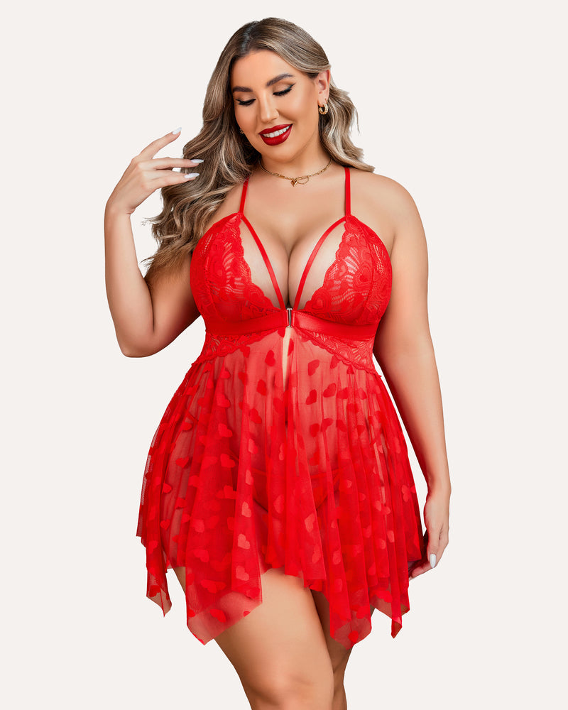 Plus size lace nightdress with lace cups and heart-print mesh tiered mini skirt