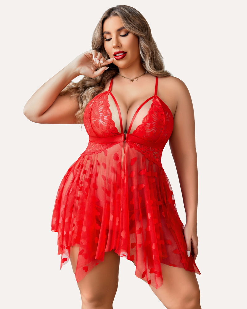 Red lace plus size nightdress with deep V lace cups and heart-pattern mesh skirt