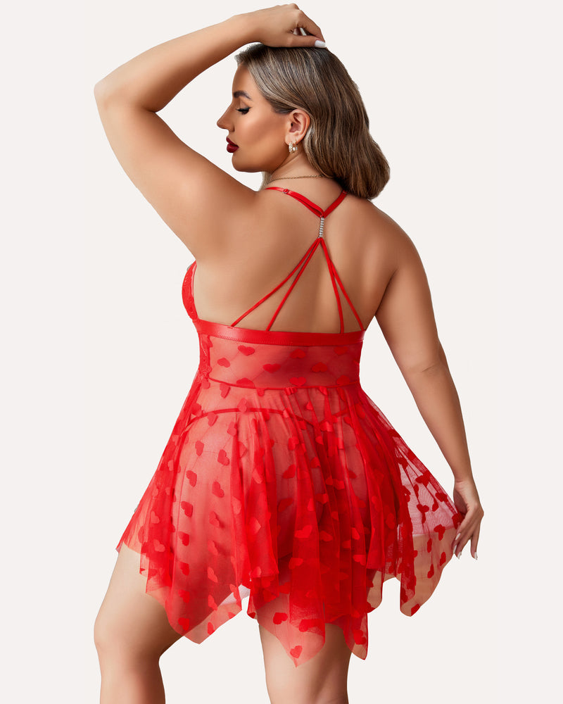 Plus size lace nightdress with heart-print mesh skirt and strappy open-back detail