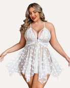 Plus size lace nightdress in white with lace bodice and heart-print mesh flared mini hem