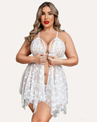 Plus size lace nightdress in white with lace bra cups and heart-print mesh short dress