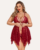 Wine red lace-trim babydoll nightdress with heart sheer skirt and front slit