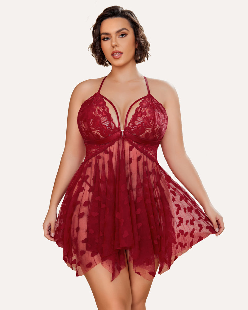 Plus size lace nightdress in dark red with lace cups and heart-print mesh flared skirt