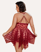 Plus size lace nightdress in wine red with crisscross back straps and heart-print mesh skirt
